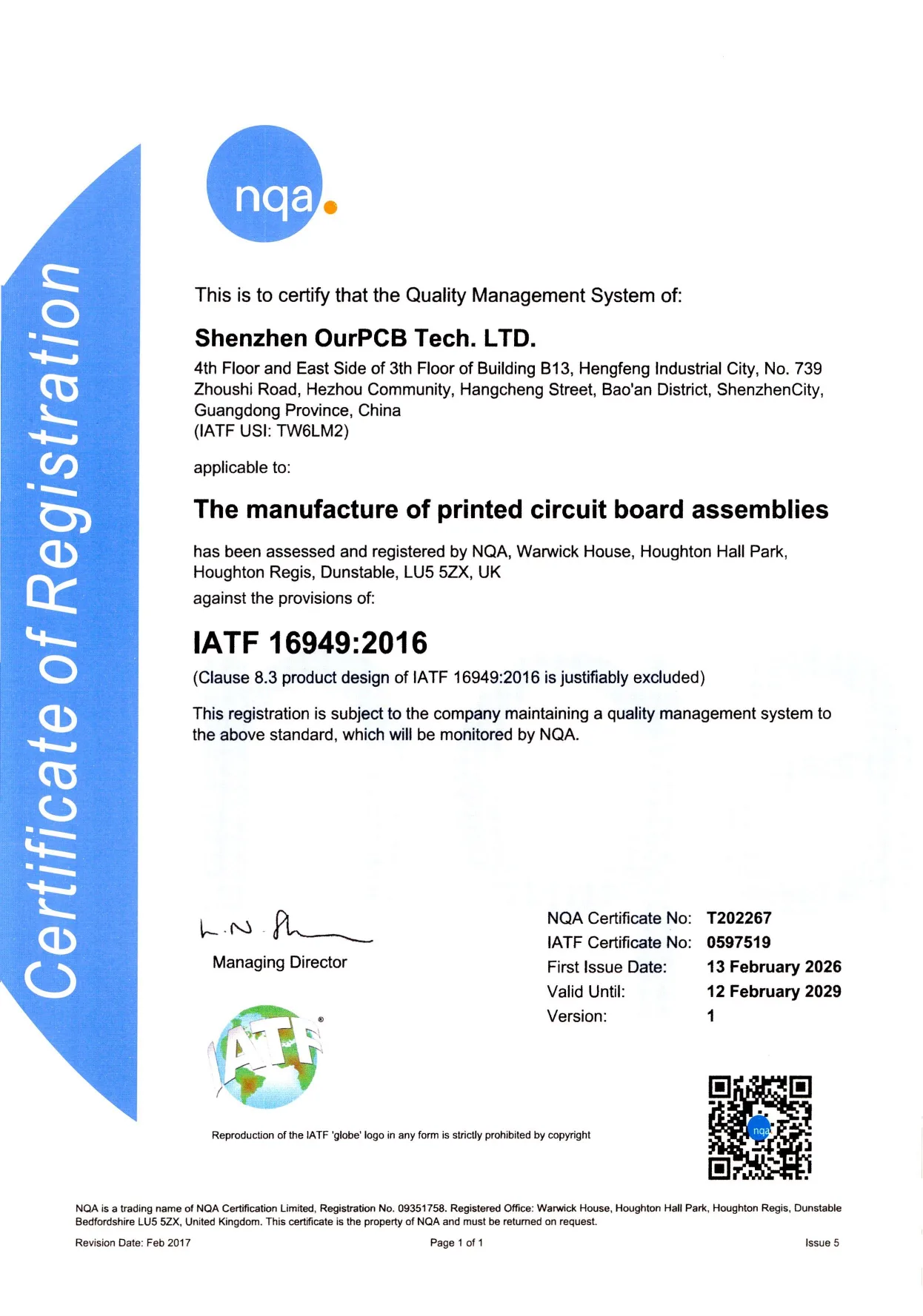 Shenzhen OurPCB IATF 16949 Certificate