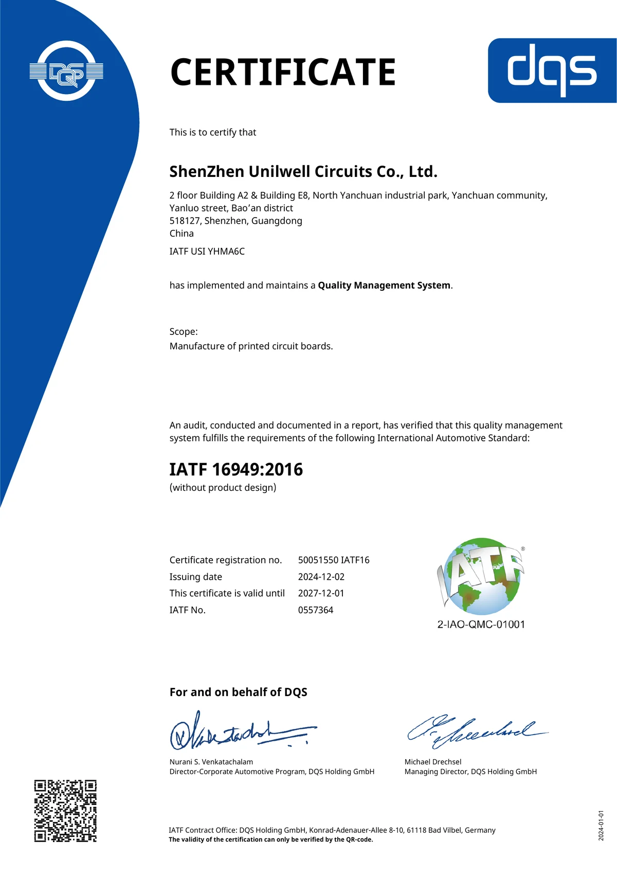 Shenzhen Uniwell IATF 16949 Certificate