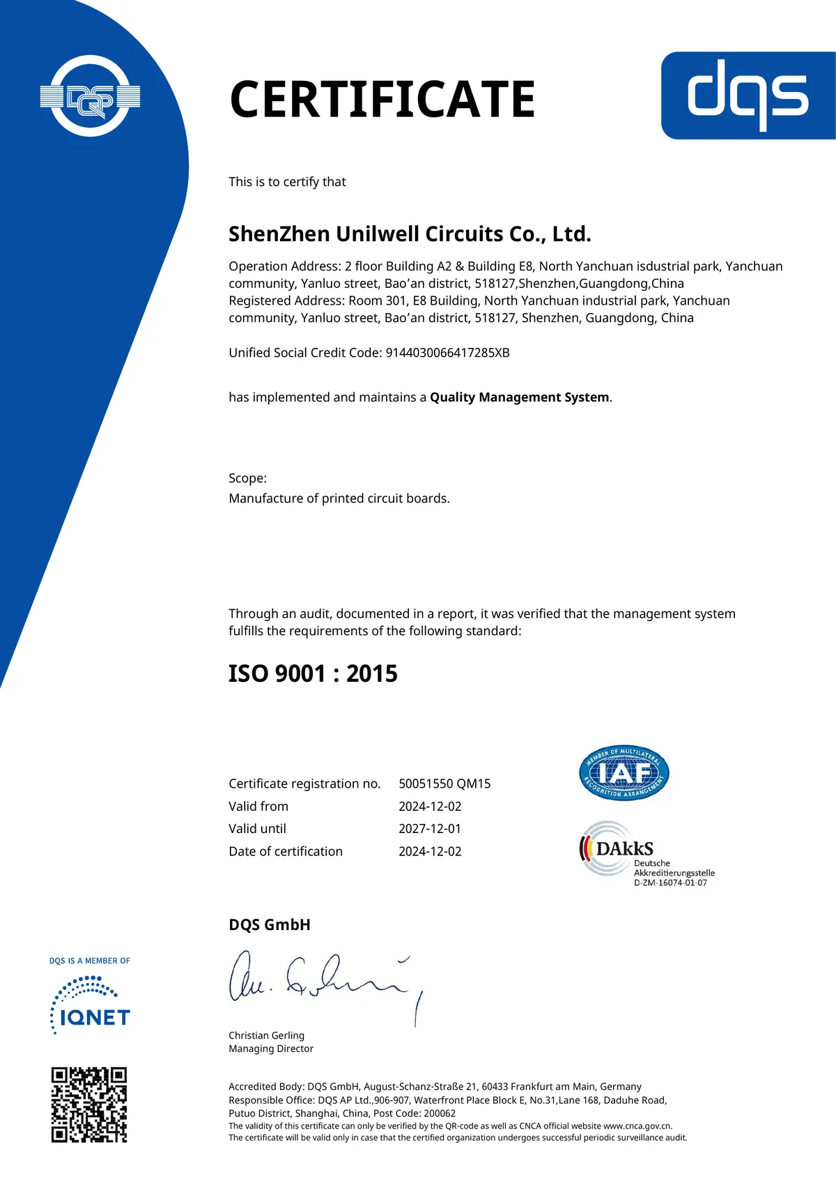 Shenzhen Uniwell ISO 9001 Certificate