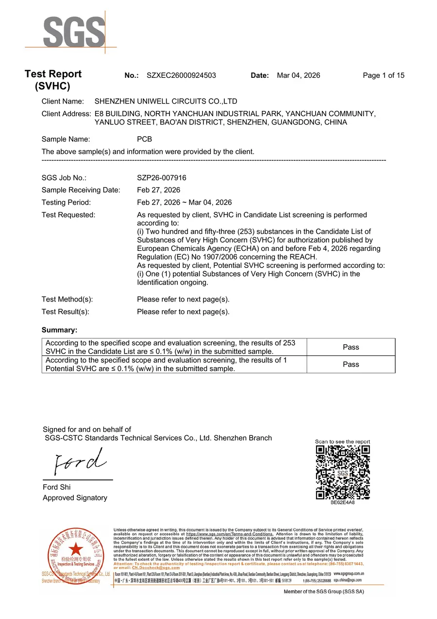 Shenzhen Uniwell REACH Certificate